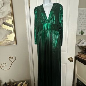Emerald Green Metallic Long Sleeve Jumpsuit